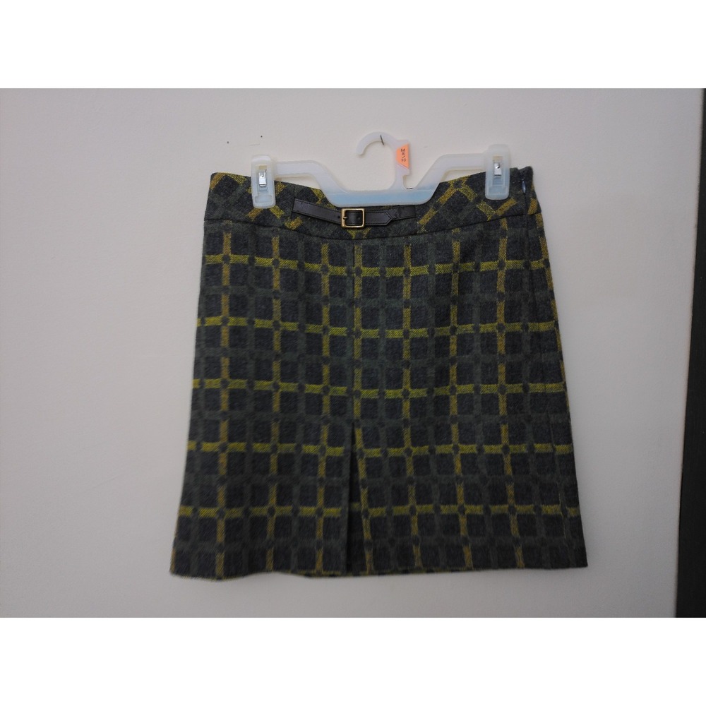 Ann Taylor Loft Skirt Womens 4P Gray Green Yellow Plaid Wool Blend Buckle A-Line